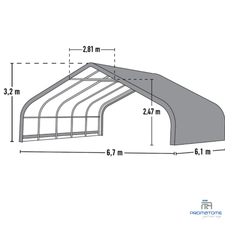 Afmetingen van flexibele shelter 670 x 730 cm oftewel 46,9 m2